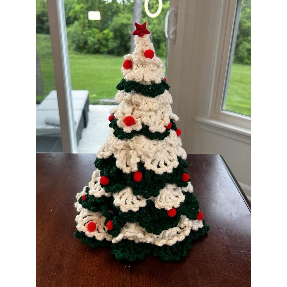 Vintage Crocheted Christmas Trees Green, White, Red Bows And Red Candle Handmade - Picture 8 of 10